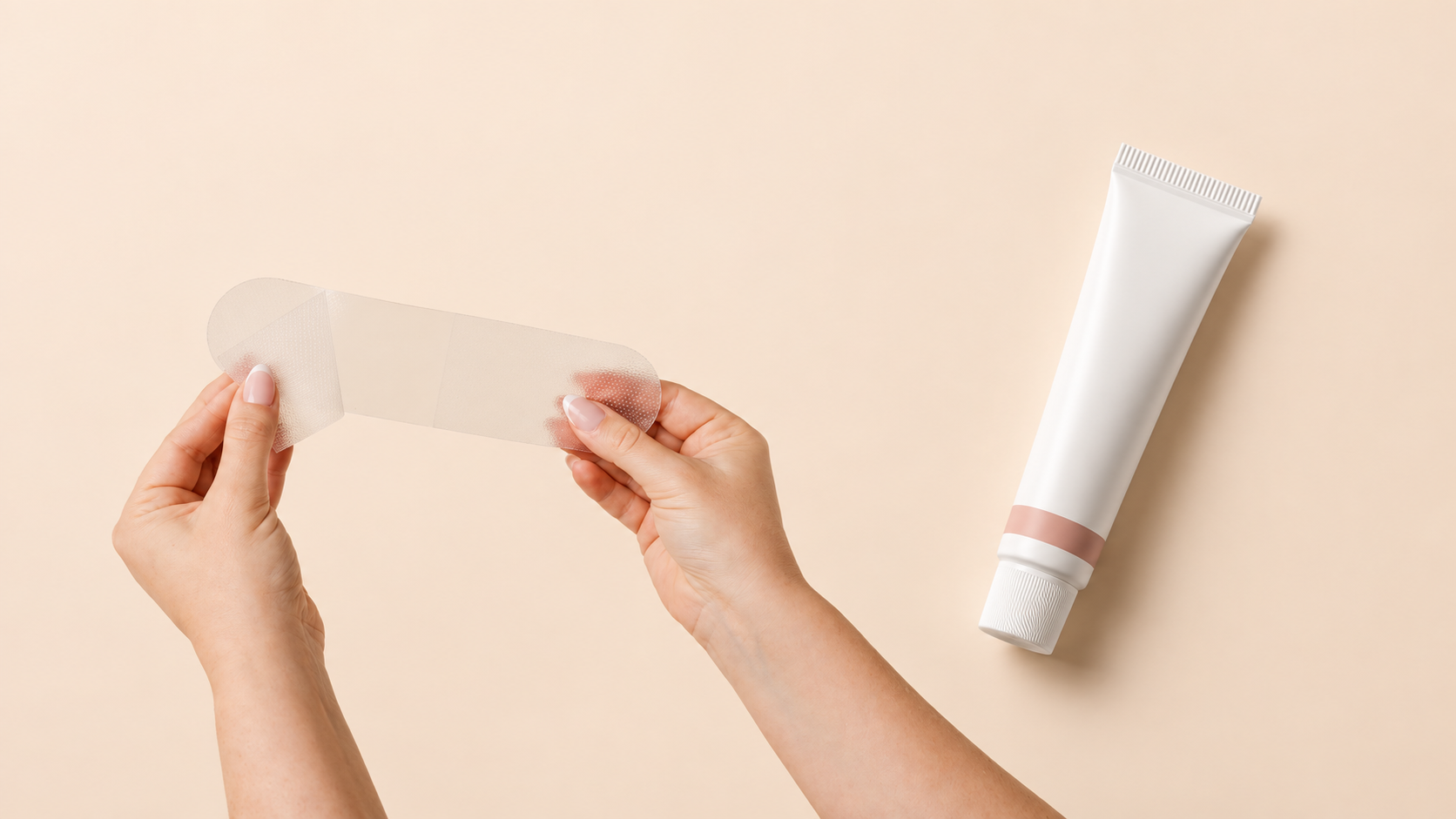 Hands holding a translucent silicone scar strip beside a generic white scar-gel tube.