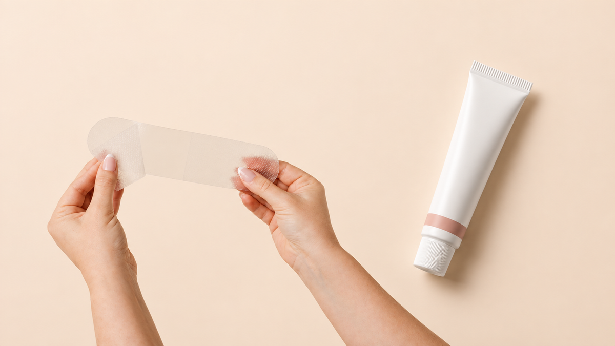 Hands holding a translucent silicone scar strip beside a generic white scar-gel tube.