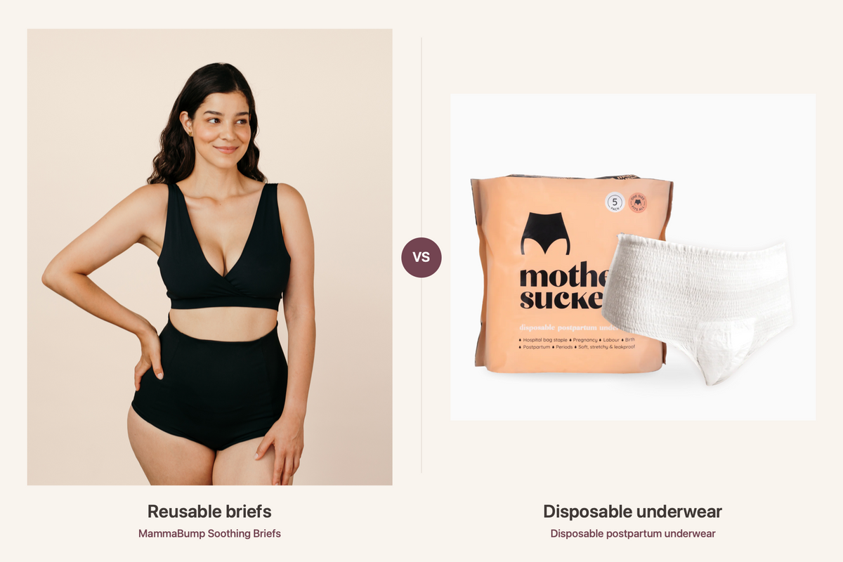 MammaBump Soothing Briefs shown on a model beside a pack of disposable postpartum underwear.