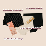 MammaBump C-Section Recovery Bundle contents: Postpartum Belly Band, one Postpartum Soothing Brief, Perineal Hot & Cold Therapy Pack, and C-section scar strips for c-section birth recovery