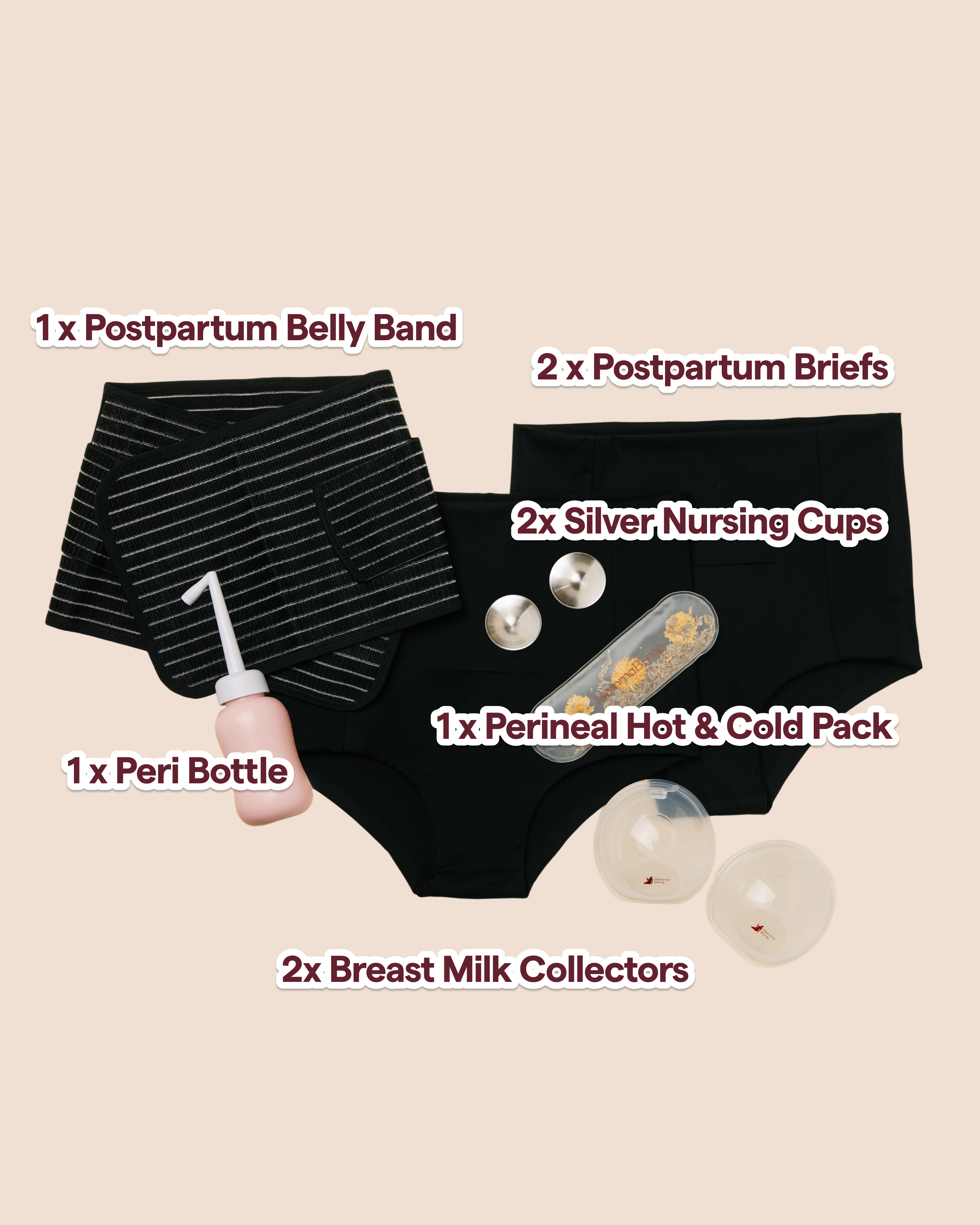Collection of postpartum care products, including postpartum belly band, postpartum briefs, silver nursing cups, peri bottle, and hot/cold therapy packs, on a beige background.