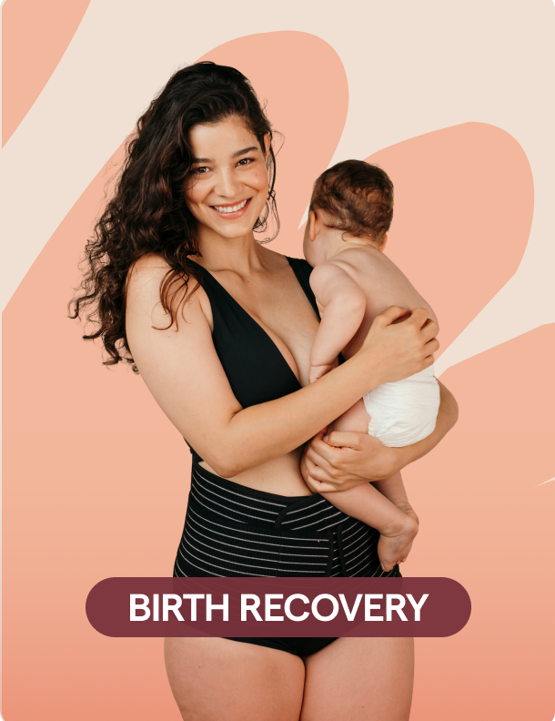 Mother in a black postpartum belly band holding a baby with 'Birth Recovery' text on a pink background