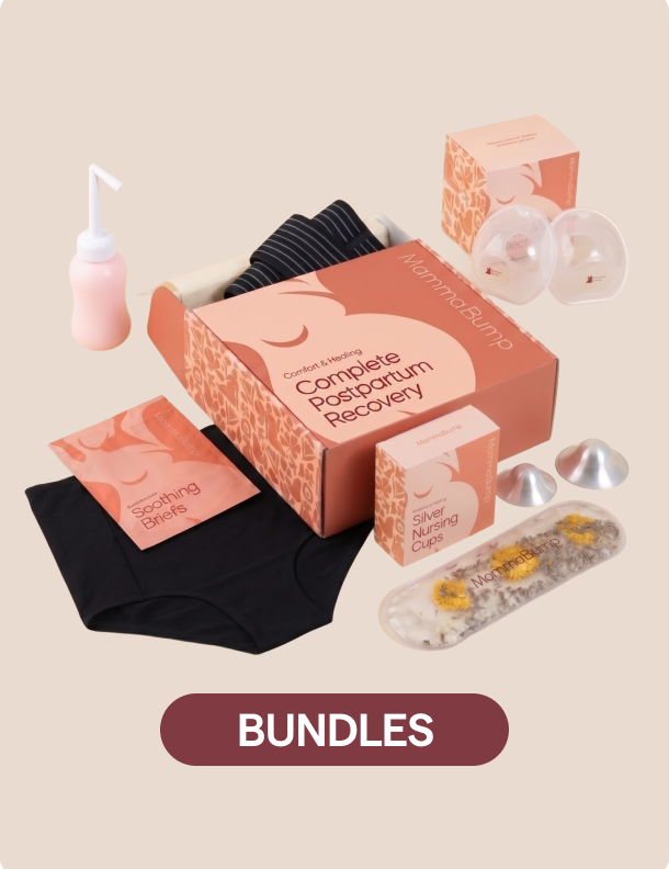 Hospital bag bundle for postpartum recovery with peri bottle, silver nursing cups, belly bands, peri bottle and postpartum briefs