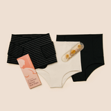 MammaBump C-Section Recovery Bundle flat-lay with Postpartum Belly Band, Postpartum Soothing Brief, Perineal Hot & Cold Therapy Pack, and C-Section Silicone Scar Strips