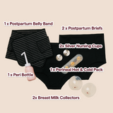 MammaBump Complete Postpartum Recovery Bundle contents in black: postpartum belly band, two soothing briefs, peri bottle, perineal hot and cold therapy pack, silver nursing cups, breast milk collectors