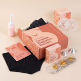 MammaBump Complete Postpartum Recovery Bundle packaging with belly band, two soothing briefs, peri bottle, perineal therapy pack, silver nursing cups, and breast milk collectors