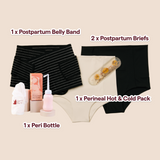 MammaBump Postpartum Recovery Essentials Bundle contents: Postpartum Belly Band, two Postpartum Soothing Briefs, Perineal Hot & Cold Therapy Pack, and Peri Bottle for vaginal birth recovery