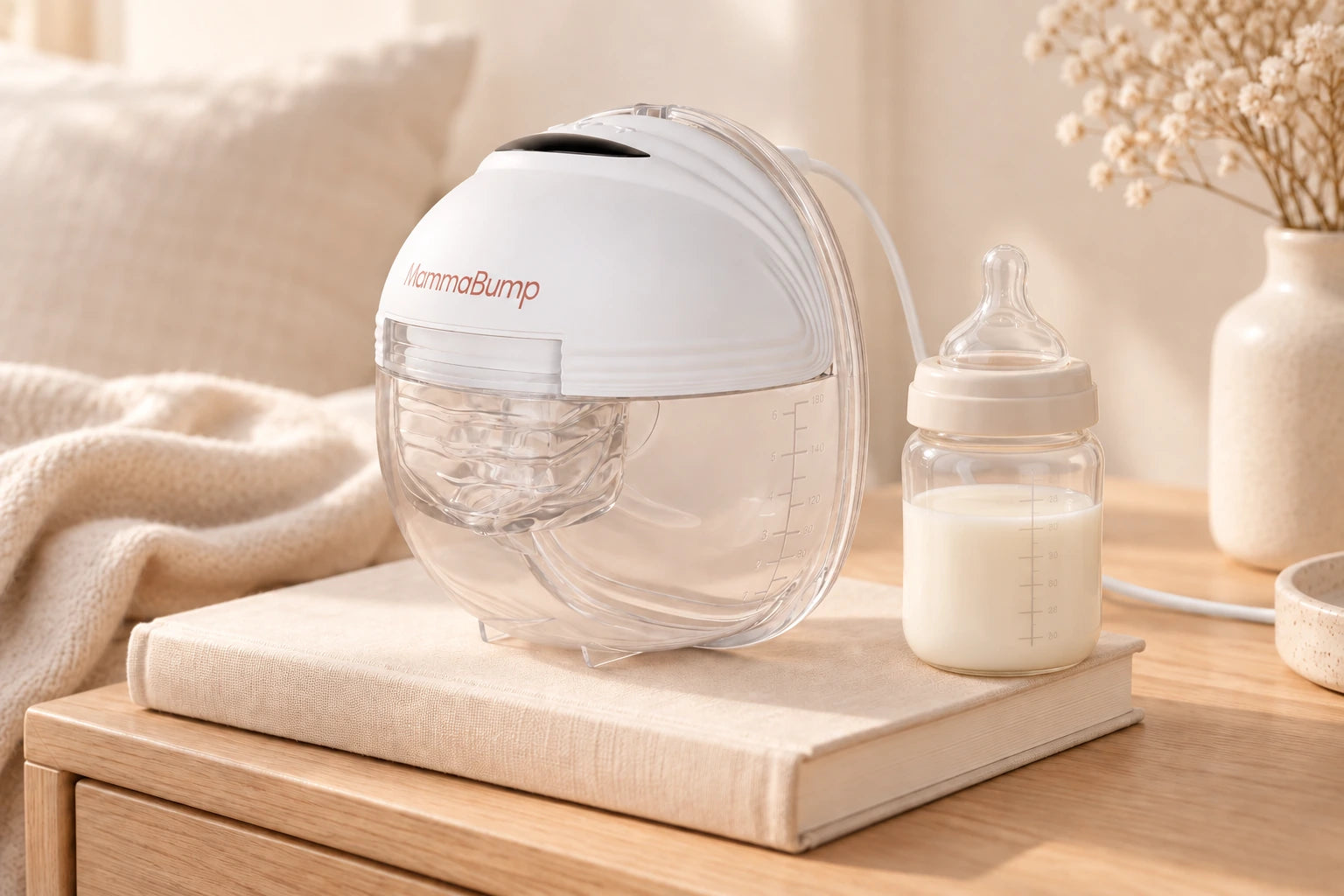 The complete Luna breast pump charging on a cream book beside a bed, with a neutral ivory milk bottle and a visible white charging cable