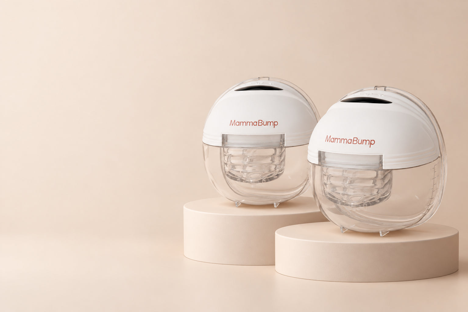 Two front-facing white Luna wearable pumps on low cream pedestals